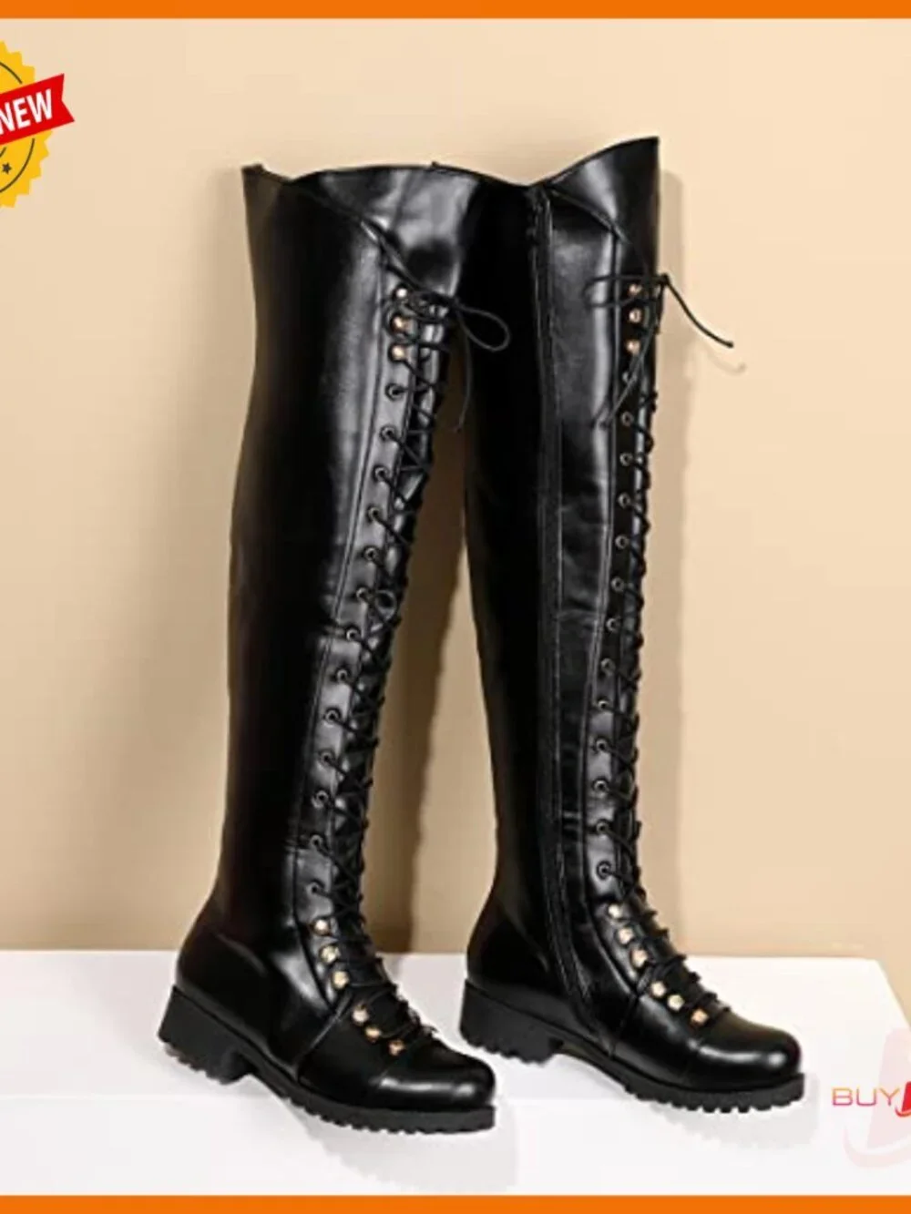 Over The Knee Flat Boots Lace-Up Riding Boots Synthetic Leather